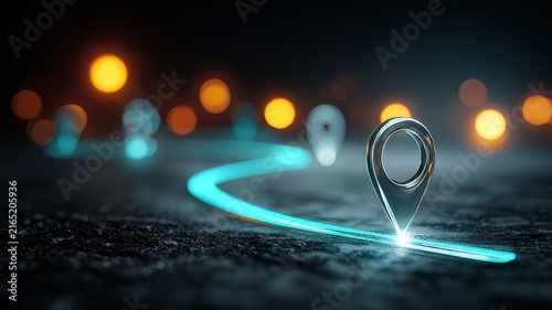 Glowing digital map pin on neon light path, futuristic navigation route with bokeh city lights, 3D location tracking concept