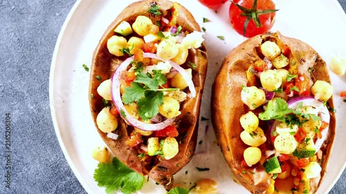 Stuffed sweet potato with chickpeas red onion and cilantro top view