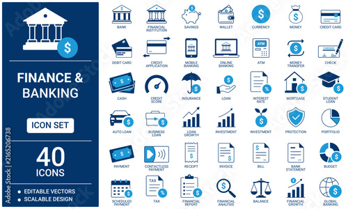 Finance and Banking Icon Set with Financial Services and Money Symbols
