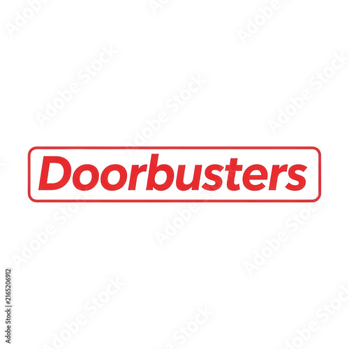 Doorbusters retail sale sign, red promotional text on white background, commercial discount banner for shopping events