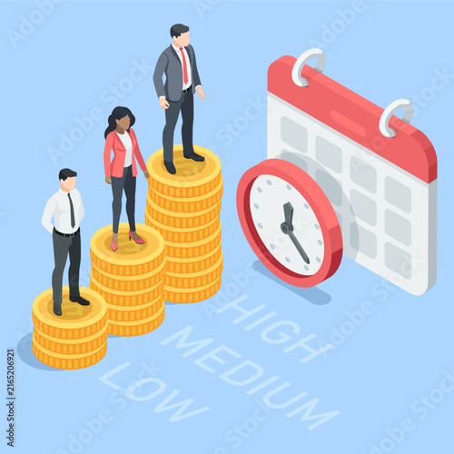 Isometric vector business people on a coin chart next to a calendar and clock, in color on a blue background, comparing income over a period of time