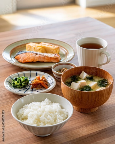 japanese breakfast set with grilled salmon, rice, dashimaki, natto, and miso soup
