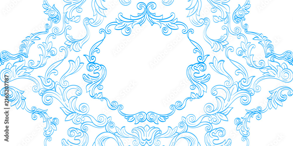 Fototapeta premium Classic vintage seamless pattern with elegant victorian filigree and blue flourishes. Antique ornamental wallpaer featuring intricate scrollwork, perfect for wedding design and rococo engraved print