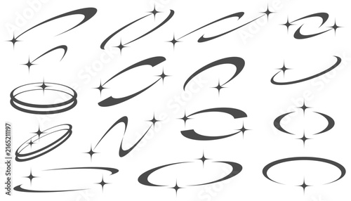 Y2K star icon with orbit lines and sparkle elements. Vector celestial design for retro space graphics, tattoo art and cosmic vintage projects.
