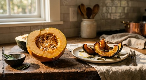 Fresh sliced pumpkin and roasted squash on a rustic wooden kitchen table