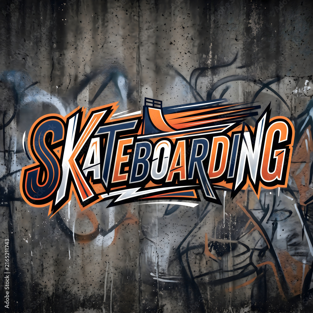 Naklejka premium Colorful skateboarding graffiti art on dark brick wall
