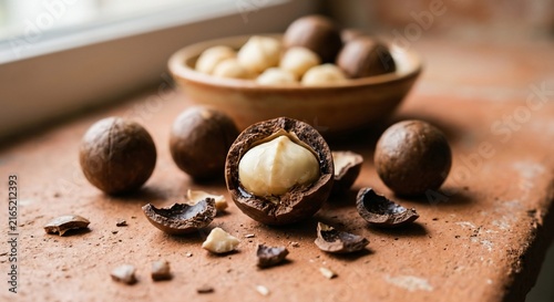 Macadamia nuts in shell and cracked open on rustic wooden table