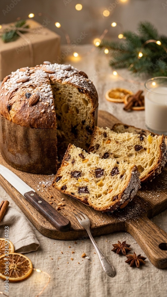 Fototapeta premium Sliced Christmas panettone cake on wooden board with festive holiday decorations and warm bokeh lights