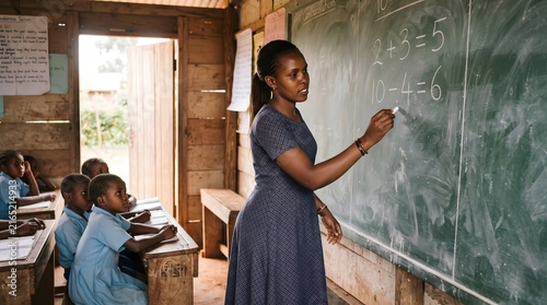 An African female teacher writes mathematics equations on a green chalkboard in a rustic wooden classroom, instructing young students in blue school uniforms who are seated at their desks during a...
