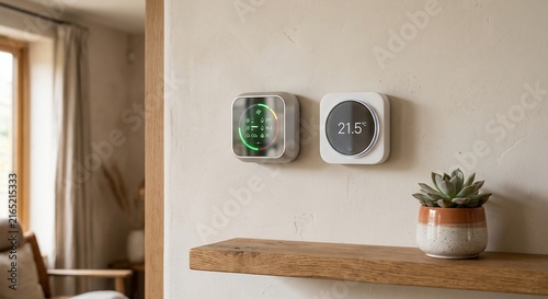 Smart home climate control thermostat panels mounted on a modern living room wall