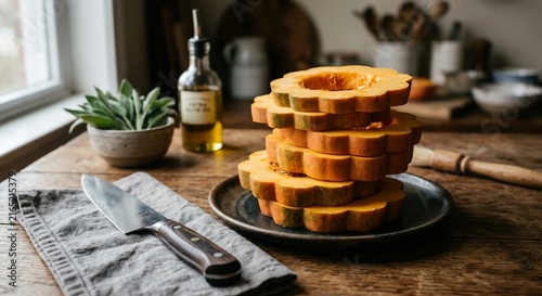 Stack of sliced orange pumpkin on rustic kitchen table with knife and herbs