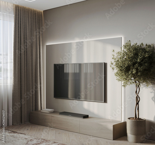 Canvastavla Minimalist modern media wall with a large flat screen television, floating console, soft indirect lighting and a decorative indoor tree in a neutral living room