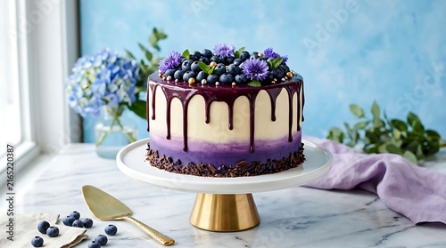 Elegant purple and white layered cake decorated with fresh blueberries and flowers on a stand