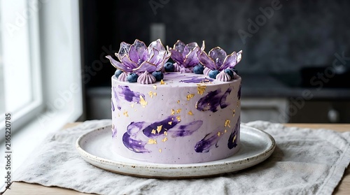 Elegant purple floral cake with shimmering sugar decorations on a decorative plate
