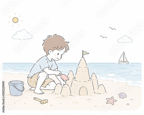 晴れたビーチの砂浜で砂の城を作って遊ぶ男の子のイラスト
