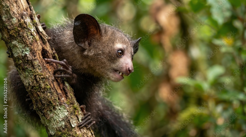Naklejka premium Aye-aye primate with large ears and sharp teeth clings to a mossy tree branch