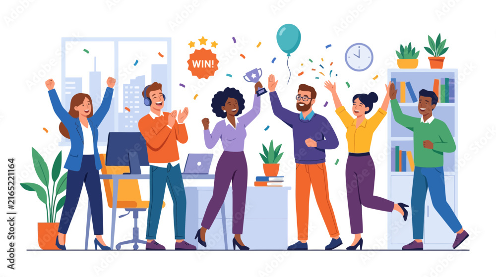 Fototapeta premium Successful Team Celebrating Victory, Award Ceremony, Office Party, Confetti, Happiness