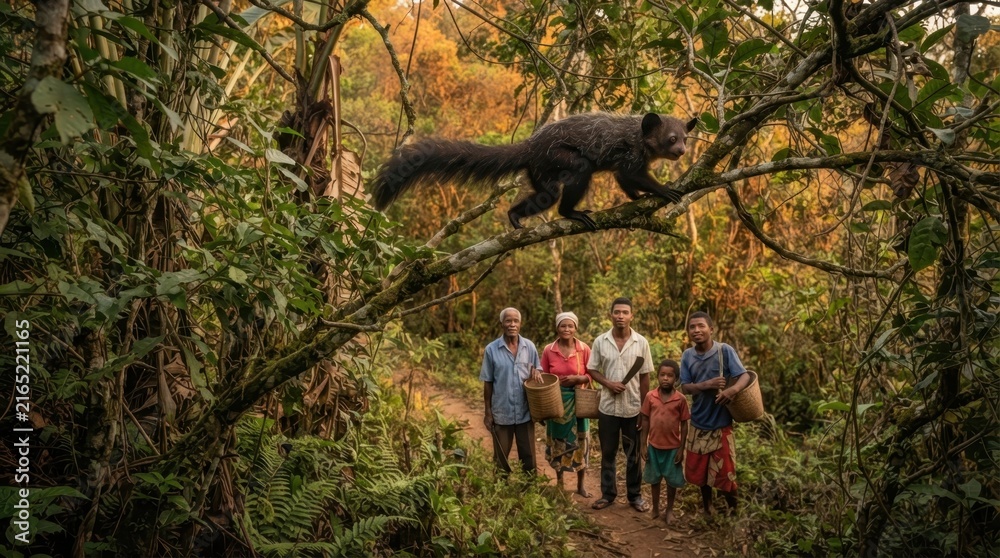 Naklejka premium Aye-aye primate and local people in a lush rainforest environment