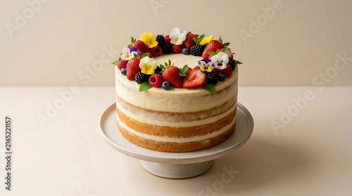 Elegant multilayered cake decorated with fresh berries and flowers on a cake stand