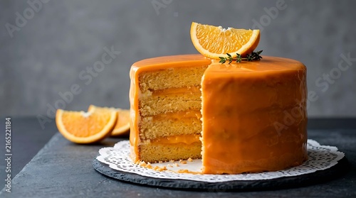 Delicious multilayered orange cake with creamy frosting topped with fresh fruit slices