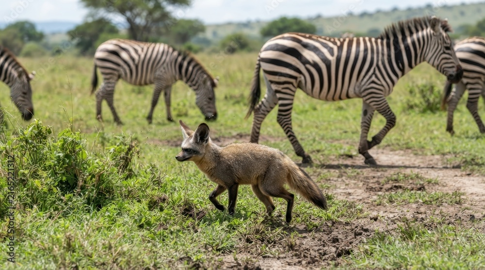 Naklejka premium Bat-eared fox walks past zebras in the African savanna landscape