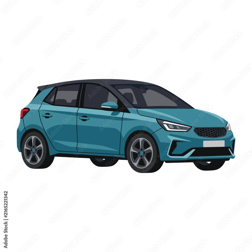 Fototapeta premium Modern Teal Hatchback Car Isolated on White Background, Urban Transportation Concept