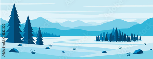 Snowy Winter Lake Landscape with Pine Trees and Mountain Background