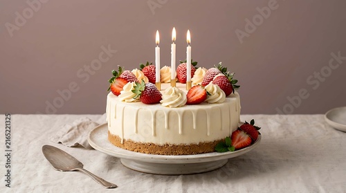 Delicious strawberry cream cake with lit candles and fresh strawberries on a marble table
