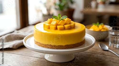 Delicious lemon cheesecake topped with fresh fruit slices served on a cake stand