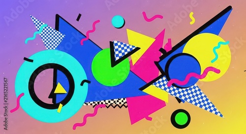 Vibrant geometric shapes with squiggles and checker patterns on gradient.