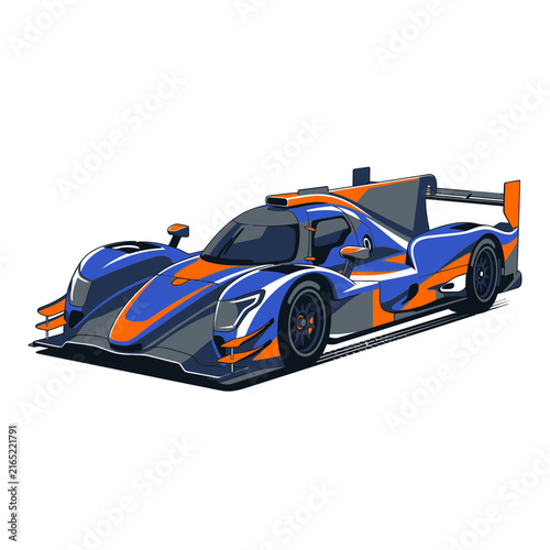 Modern Blue and Orange Sports Racing Car on White Background