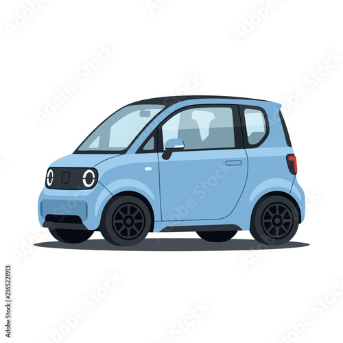 Modern Blue Electric City Car, Compact Vehicle with Black Roof and Wheels, Isolated