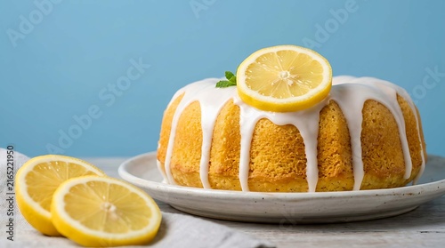 Delicious bundt cake topped with white icing and lemon slices on a white plate