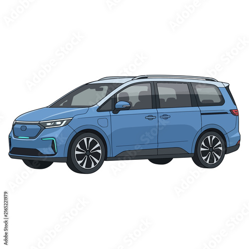 Modern Blue Electric Minivan, Family Vehicle, Clean Transportation, White Background