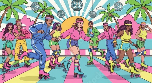 Vibrant group roller skating under palm trees and disco balls in colorful.