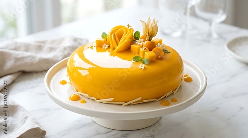 Elegant round cake with glossy orange icing and decorative floral and citrus garnishes