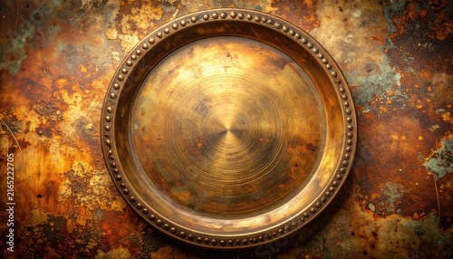 A close-up shot of an antique brass tray against a textured, aged background.