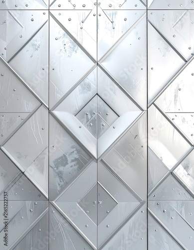 Geometric patterned metallic surface with rivets and scratches.