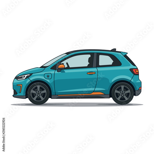 Modern electric city car, turquoise and orange, side view, clean energy vehicle