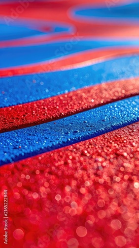 Close-up abstract view of red and blue stripes with water droplets.