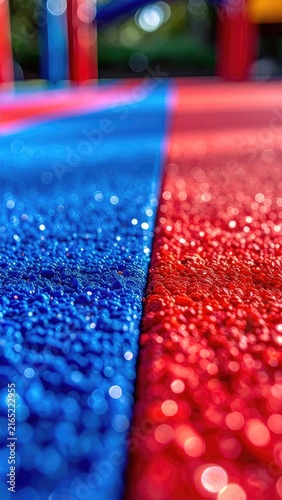 Close-up of a textured playground surface with red and blue sections and bokeh.