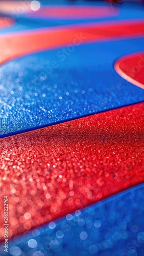 Abstract pattern of red and blue glitter with bokeh effect.