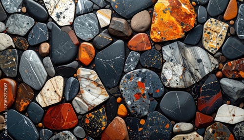 A close-up, overhead view of a collection of tumbled stones.