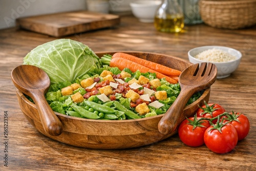 A mixed vegetable salad in a wooden bowl with carrots, cabbage, tomatoes, green peas, ham, bacon, and croutons, set on a rustic wooden table.