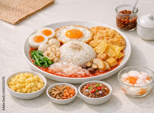 A hearty Thai rice platter served with a variety of toppings like fried eggs, boiled eggs, fried wontons, tofu, fish balls, and dried shrimp and fish.