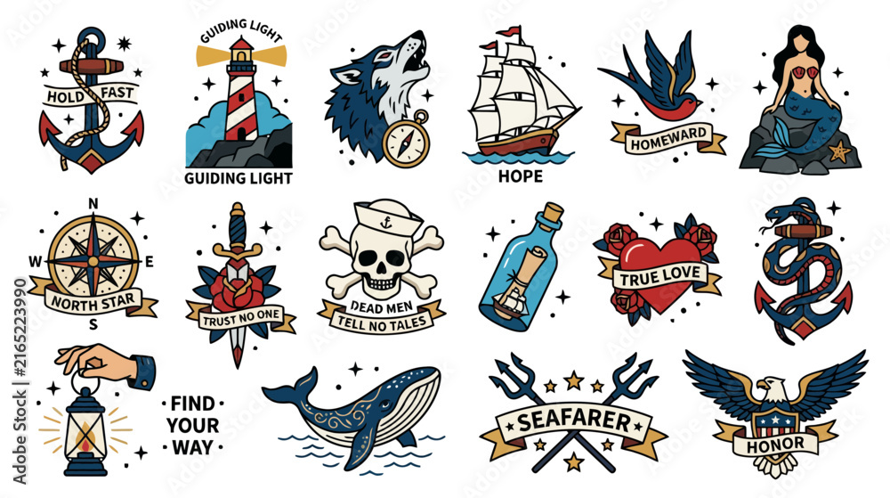 Obraz premium Nautical Tattoo Flash Sheet: Anchors, Ships, Mermaid, Wolf, Eagle, Whale, Compass
