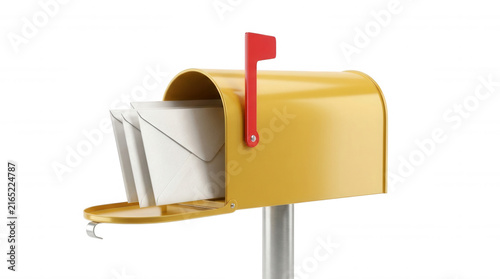 Red flag raised on yellow mailbox with envelopes isolated on a transparent background