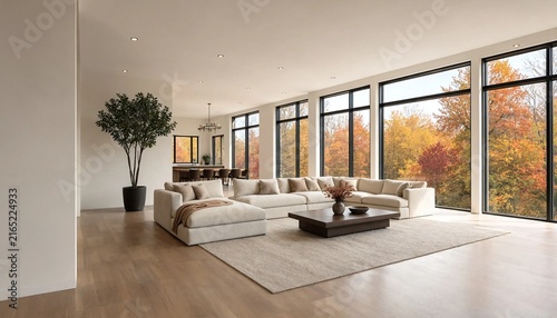 Modern luxury living room interior with large windows overlooking autumn forest view