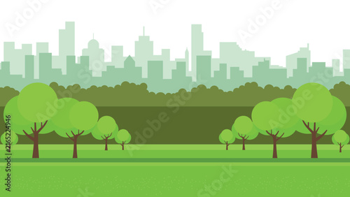 Green Park Landscape with Trees and City Skyline Background