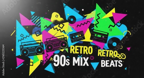 Vibrant retro 90s mix with boomboxes, cassettes, and geometric shapes.